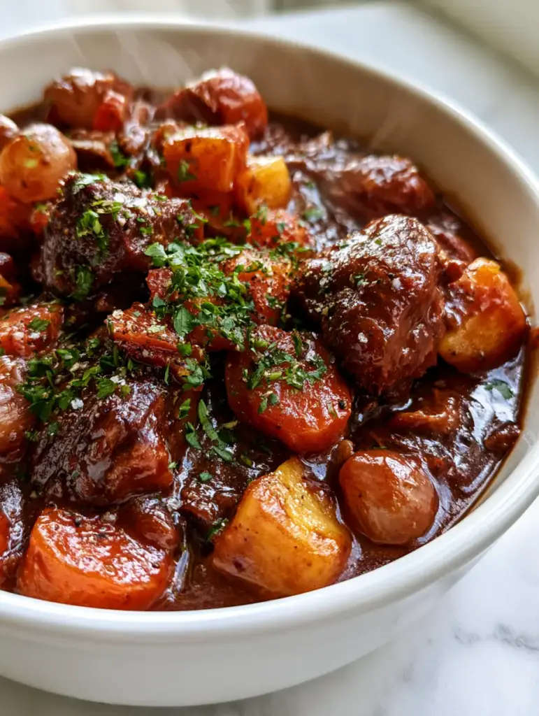 Beef Stew Meat Casserole with Rich Mahogany Gravy 1 Overhead view of a Beef Stew Meat Casserole in a white dish garnished with fresh emerald parsley.