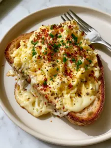 Close up of cheesy egg toast showing the golden sourdough crust and finely grated egg topping seasoned with chives.