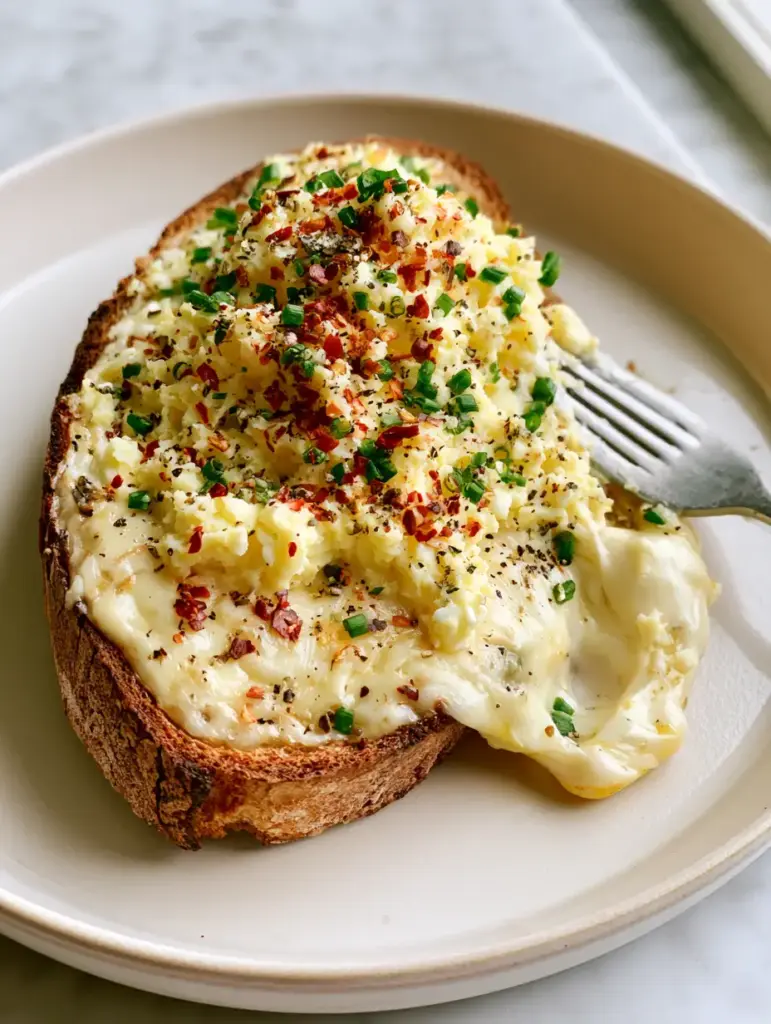 Cheesy Egg Toast: The Ultimate Grated Egg and Sourdough Breakfast 1 A silver fork lifting a slice of cheesy egg toast to reveal a long, stretchy cheese pull beneath the egg layer.