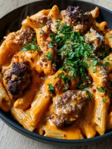 Top-down view of High-Protein Creamy Beef Pasta in a matte black bowl with rising steam and fresh parsley. (High-Protein Creamy Beef Pasta)