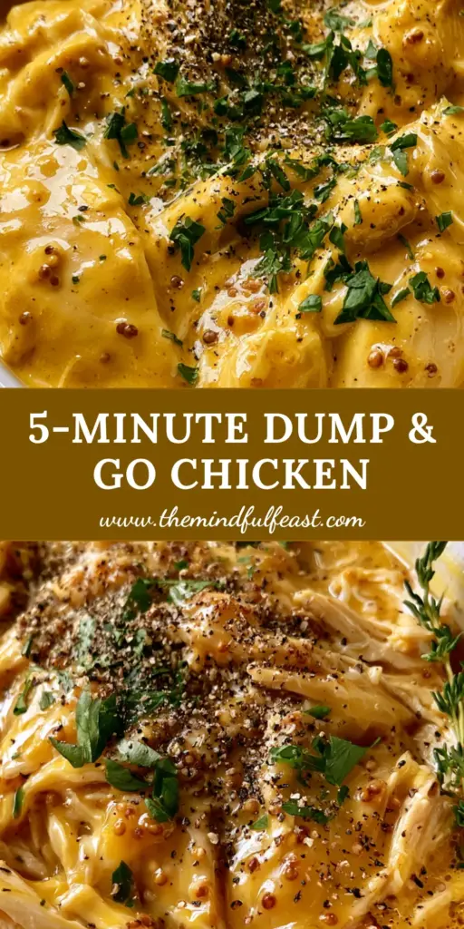 A top-down view of slow cooker honey mustard chicken inside a white ceramic pot, featuring shredded chicken in a thick golden glaze with whole grain mustard seeds and fresh parsley.