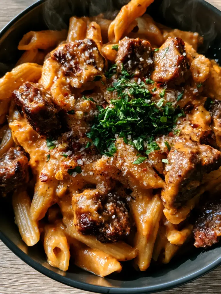High-Protein Creamy Beef Pasta with Blended Cottage Cheese Sauce 1 Close-up of al dente penne pasta ridges gripping a thick creamy sauce. (High-Protein Creamy Beef Pasta)