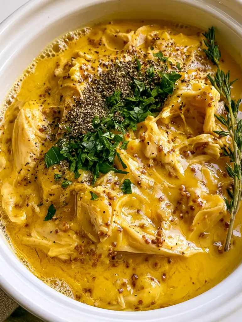 Angled top-down shot of slow cooker honey mustard chicken with fresh thyme and cracked black pepper highlights.