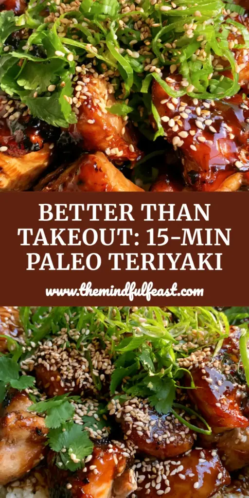 Paleo Chicken Teriyaki with Sticky Mahogany Glaze and Cauliflower Rice 4 A close-up of Paleo Chicken Teriyaki chunks with a mahogany glaze, sesame seeds, and green scallions over cauliflower rice. (Paleo Chicken Teriyaki)
