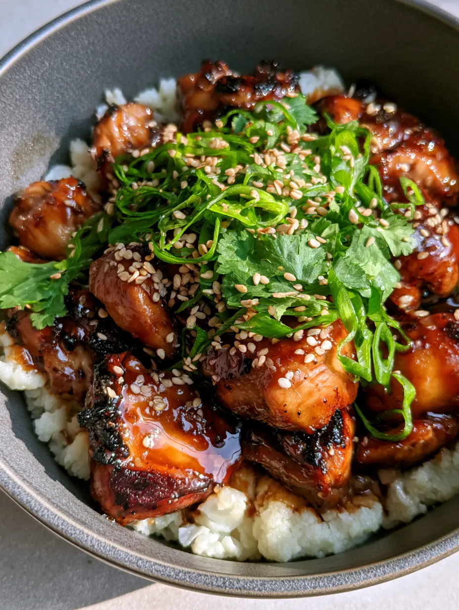 Paleo Chicken Teriyaki with Sticky Mahogany Glaze and Cauliflower Rice 3 Top-down macro shot of seared Paleo Chicken Teriyaki with glossy sauce and fresh cilantro. (Paleo Chicken Teriyaki)