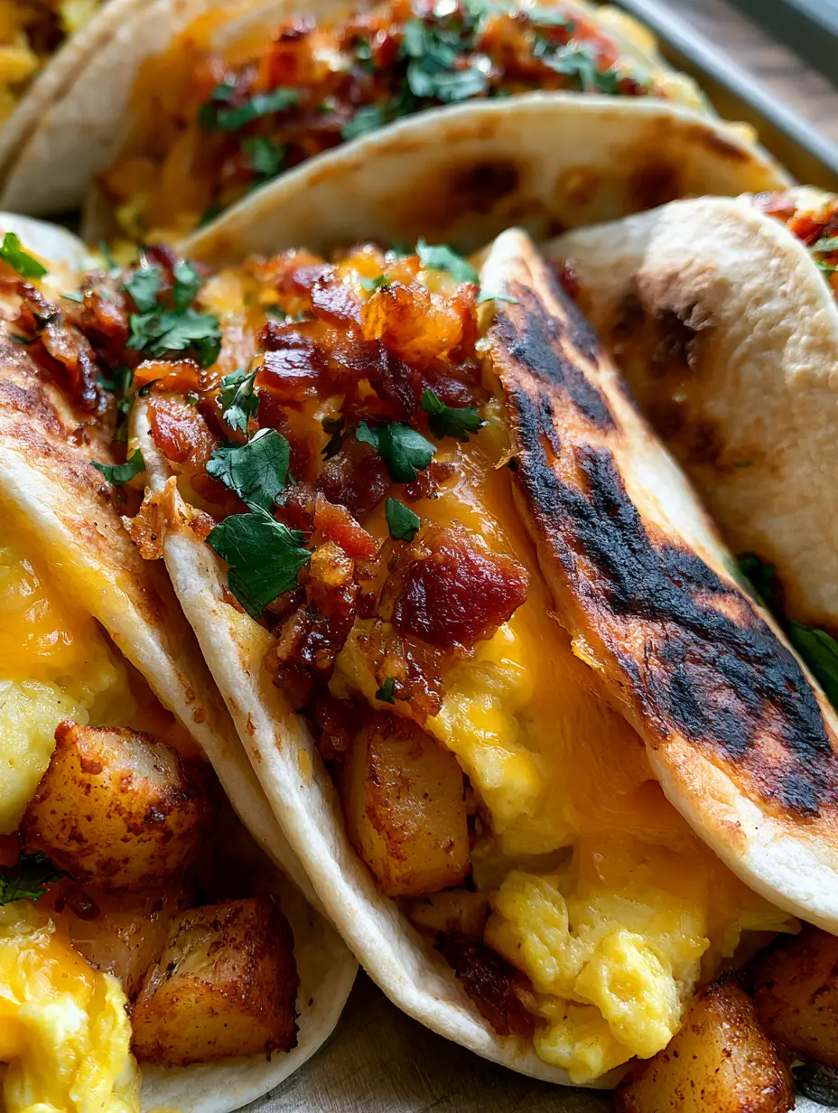 Baked Breakfast Tacos with Crispy Potatoes and Charred Tortillas 3 Close-up photo of baked breakfast tacos with bubbling monterey jack cheese and fluffy yellow scrambled eggs on a rustic wood background.