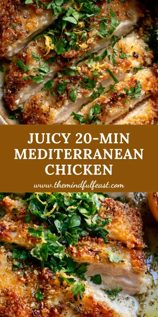 Mediterranean Chicken Cutlets with a Golden Parmesan-Panko Crust 4 Top-down macro shot of Mediterranean chicken cutlets with a crispy parmesan crust, lemon zest, and fresh parsley on a rustic plate.