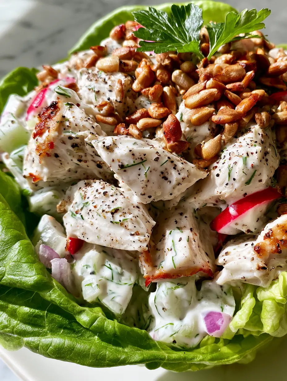 Close-up of seared canned chicken salad with Greek yogurt dressing, fresh dill, and sunflower seeds. (canned chicken salad)