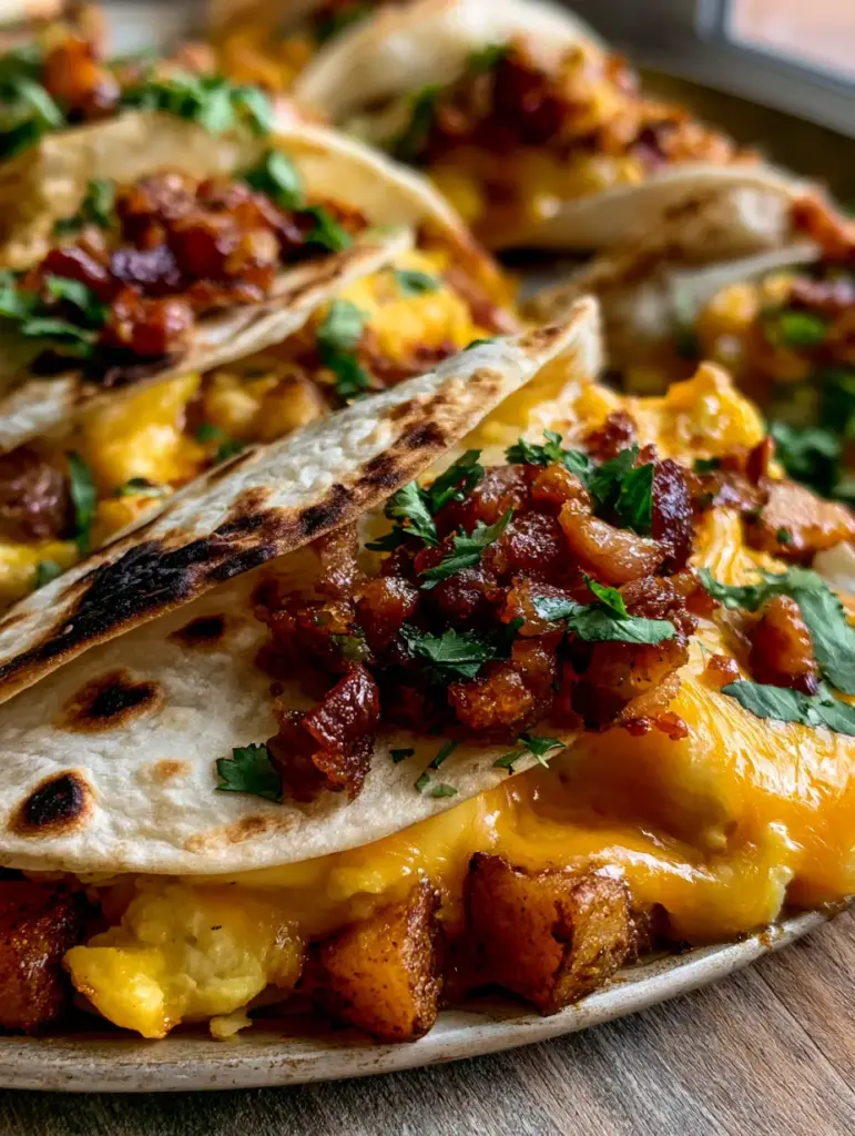 Baked Breakfast Tacos with Crispy Potatoes and Charred Tortillas 1 Macro view of charred flour tortilla edges and crispy seasoned potato cubes inside a breakfast taco.