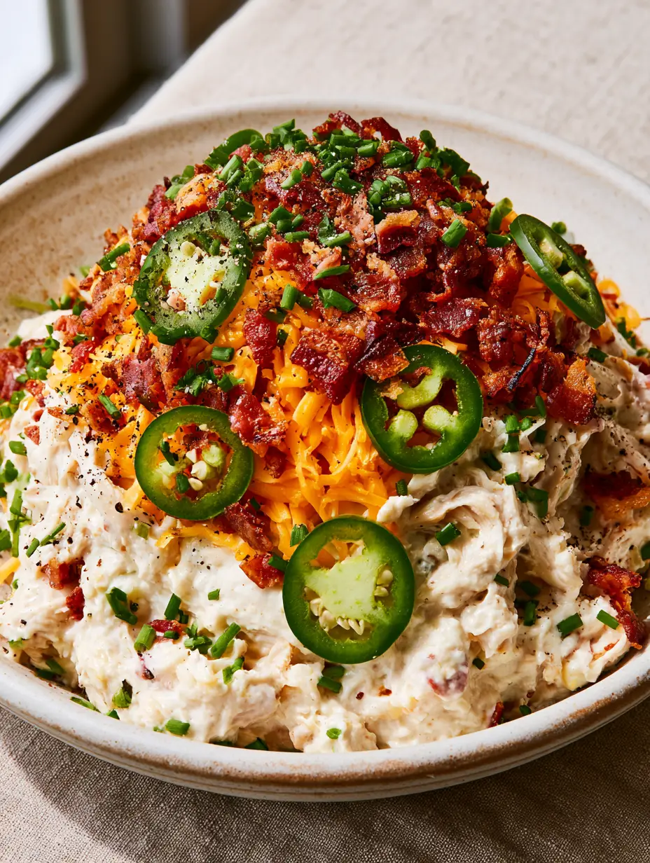 Jalapeño Chicken Salad: The Ultimate Creamy Popper-Inspired Recipe 3 Close-up of shredded rotisserie chicken folded into a velvety white dressing with crispy bacon and fresh green jalapeños. (Jalapeño Chicken Salad)