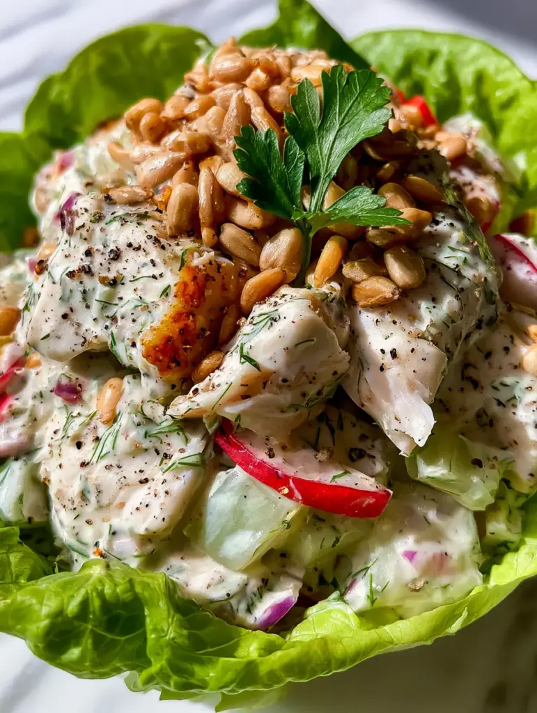 Gourmet canned chicken salad in a bibb lettuce cup topped with fresh parsley and radish slices.