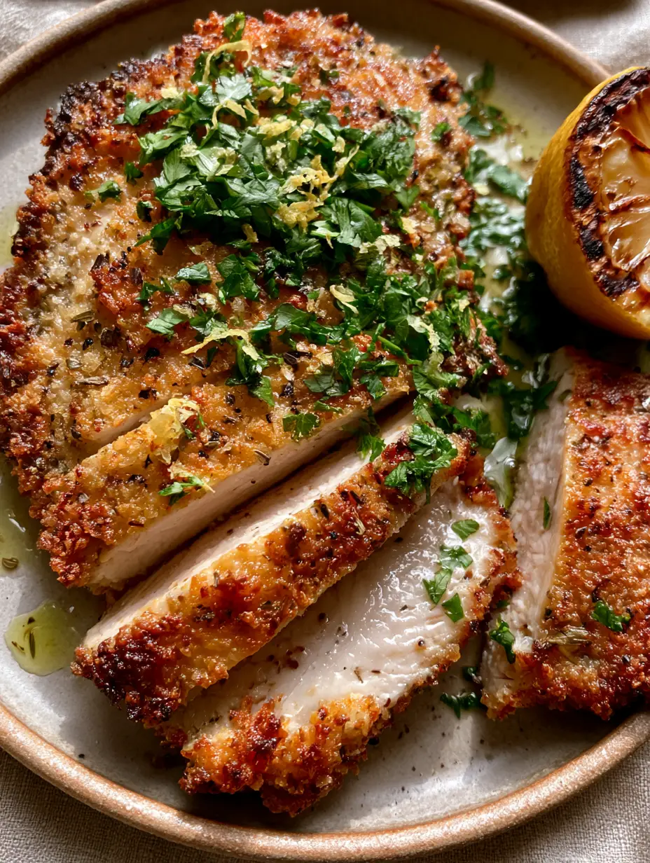 Mediterranean Chicken Cutlets with a Golden Parmesan-Panko Crust 3 Close-up of sliced Mediterranean chicken cutlets showing moist white meat and a thick golden crust flecked with oregano.
