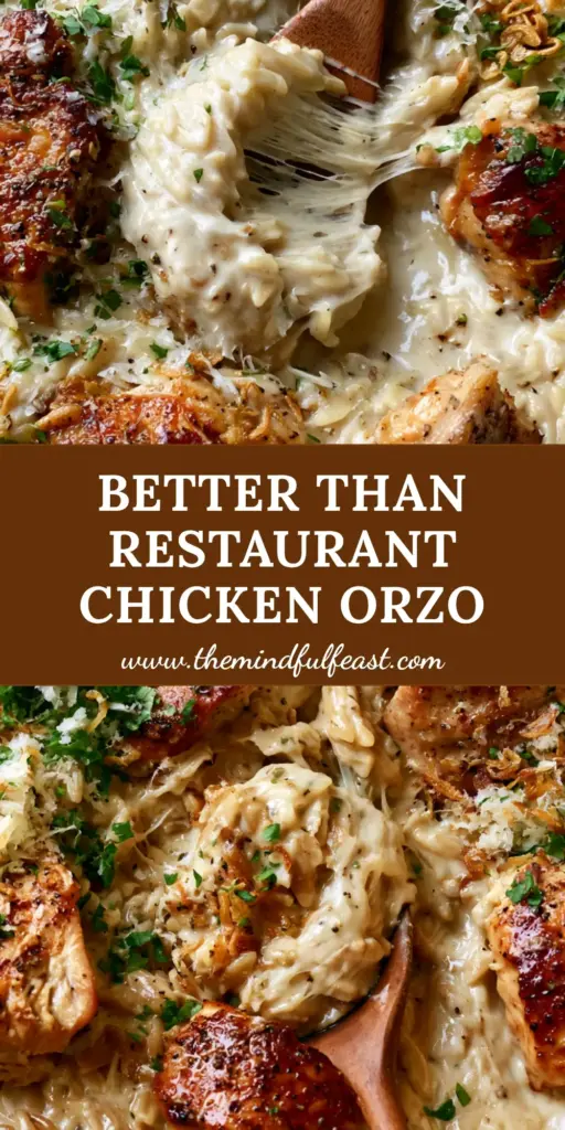Chicken and Orzo in a Creamy Garlic Parmesan Skillet Sauce 3 A top-down shot of creamy chicken and orzo in a white skillet with golden chicken and parsley.