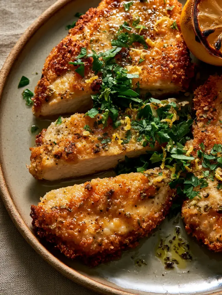Mediterranean Chicken Cutlets with a Golden Parmesan-Panko Crust 1 Mediterranean chicken cutlets garnished with lemon zest curls and charred lemon wedges on a textured linen background.