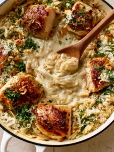 Close-up of velvety ivory sauce coating plump orzo grains in a white skillet. (chicken and orzo)