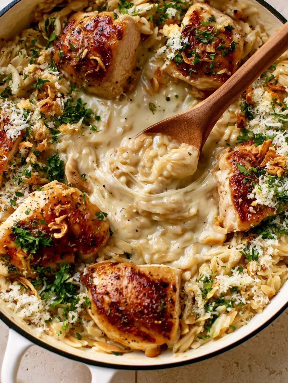 Chicken and Orzo in a Creamy Garlic Parmesan Skillet Sauce 4 Close-up of velvety ivory sauce coating plump orzo grains in a white skillet. (chicken and orzo)