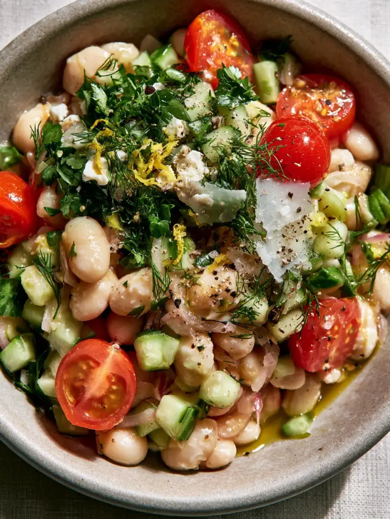 Marinated White Bean Salad with Lemon-Herb Vinaigrette 2 Macro photo of glistening cannellini beans, ruby-red cherry tomatoes, and paper-thin red onions in a marinated white bean salad.