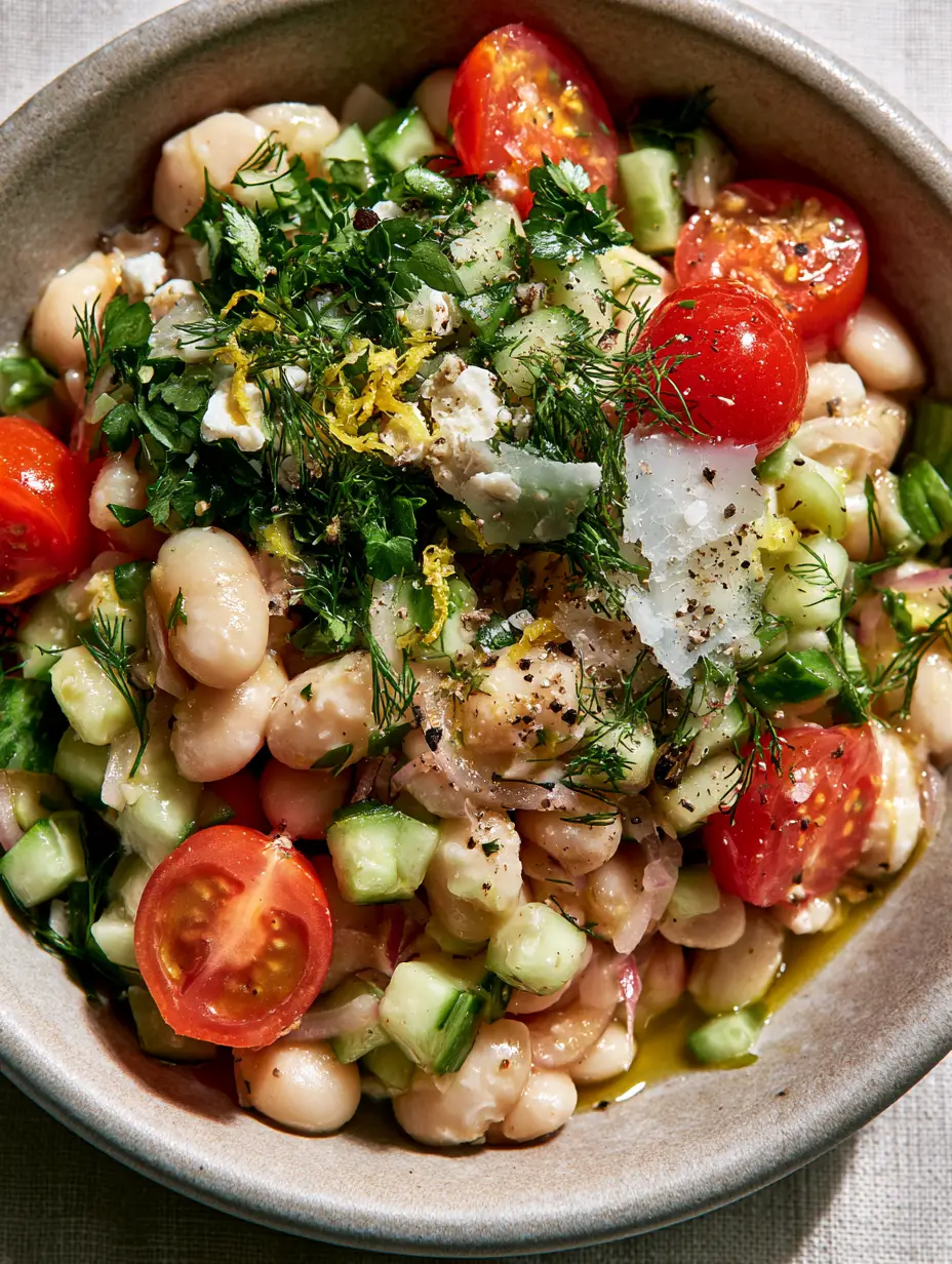 Marinated White Bean Salad with Lemon-Herb Vinaigrette 3 Macro photo of glistening cannellini beans, ruby-red cherry tomatoes, and paper-thin red onions in a marinated white bean salad.