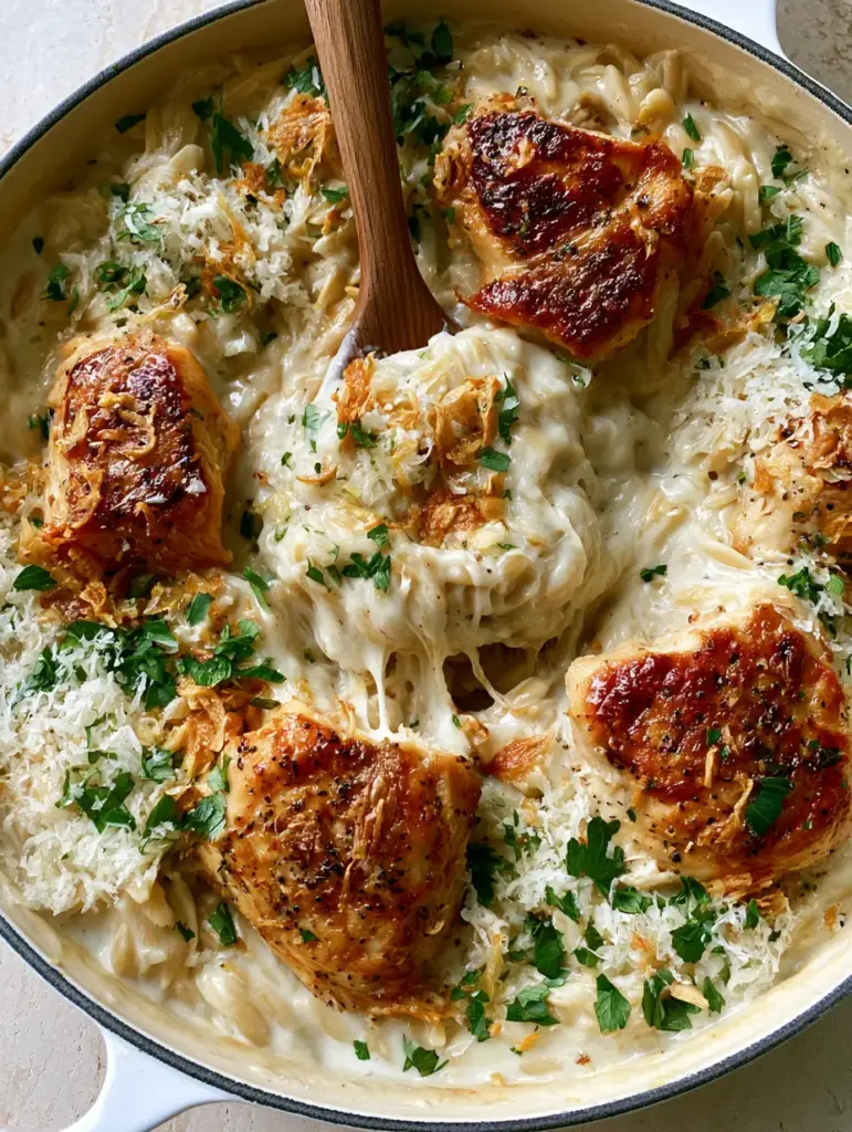 Chicken and Orzo in a Creamy Garlic Parmesan Skillet Sauce 1 A wooden spoon scooping creamy chicken and orzo showing a stretchy cheese texture.