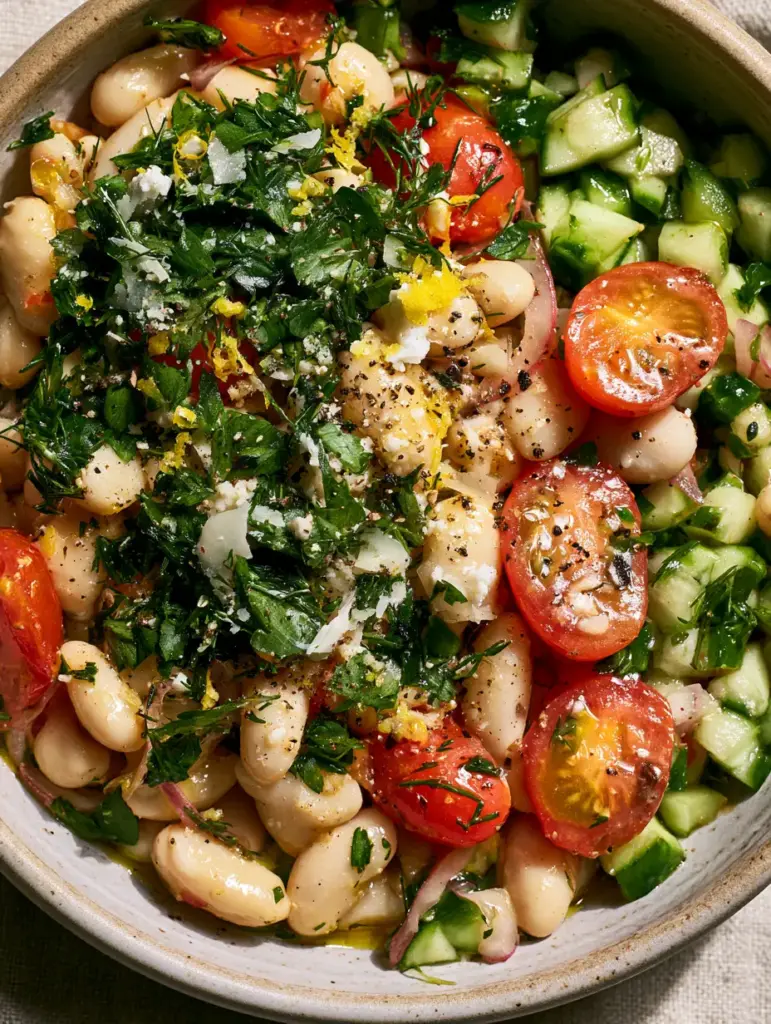 Marinated White Bean Salad with Lemon-Herb Vinaigrette 1 Soft natural lighting hitting the surface of a marinated white bean salad with feta crumbles and fresh dill.