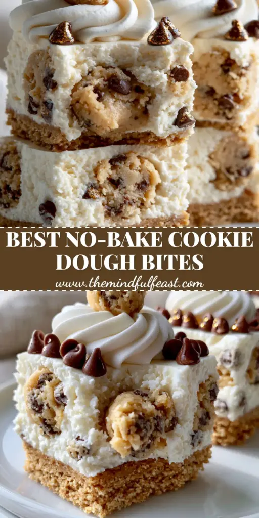 Chocolate Chip Cookie Dough Cheesecakes: The Ultimate Mini Square Bites 4 A towering stack of mini square chocolate chip cookie dough cheesecakes on a white plate with whipped cream and cookie dough spheres.