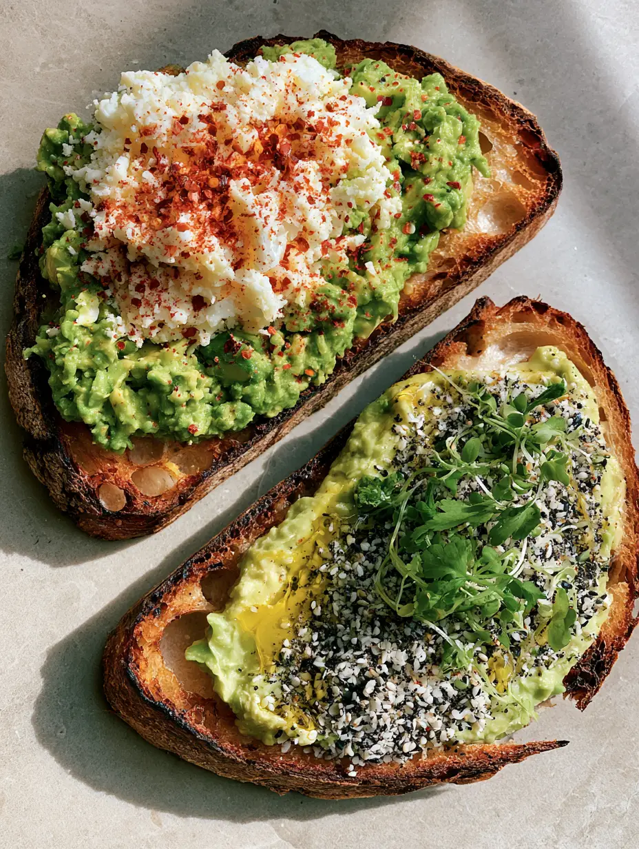 Breakfast Avocado Toast with Finely Grated Egg and Chili Flakes 4 Top-down view of two slices of charred sourdough breakfast avocado toast on a stone countertop. (breakfast avocado toast)