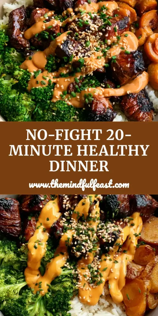 A top-down view of a honey garlic steak bowl with jasmine rice, broccoli, and carrots, perfect for healthy dinners for picky eaters.