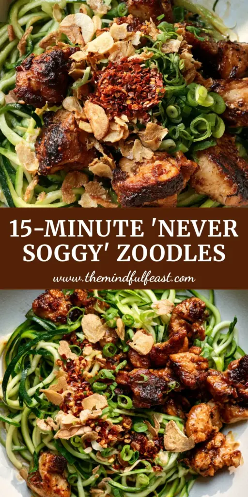 A top-down view of a gourmet chicken zucchini noodles stir fry in a white bowl with golden chicken and garlic chips.