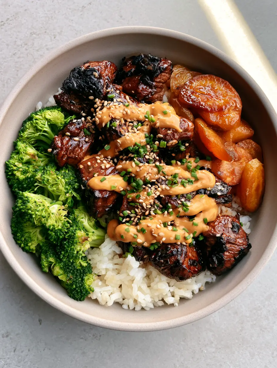 Close up of charred honey garlic steak tips with a creamy sauce drizzle, a staple of healthy dinners for picky eaters.
