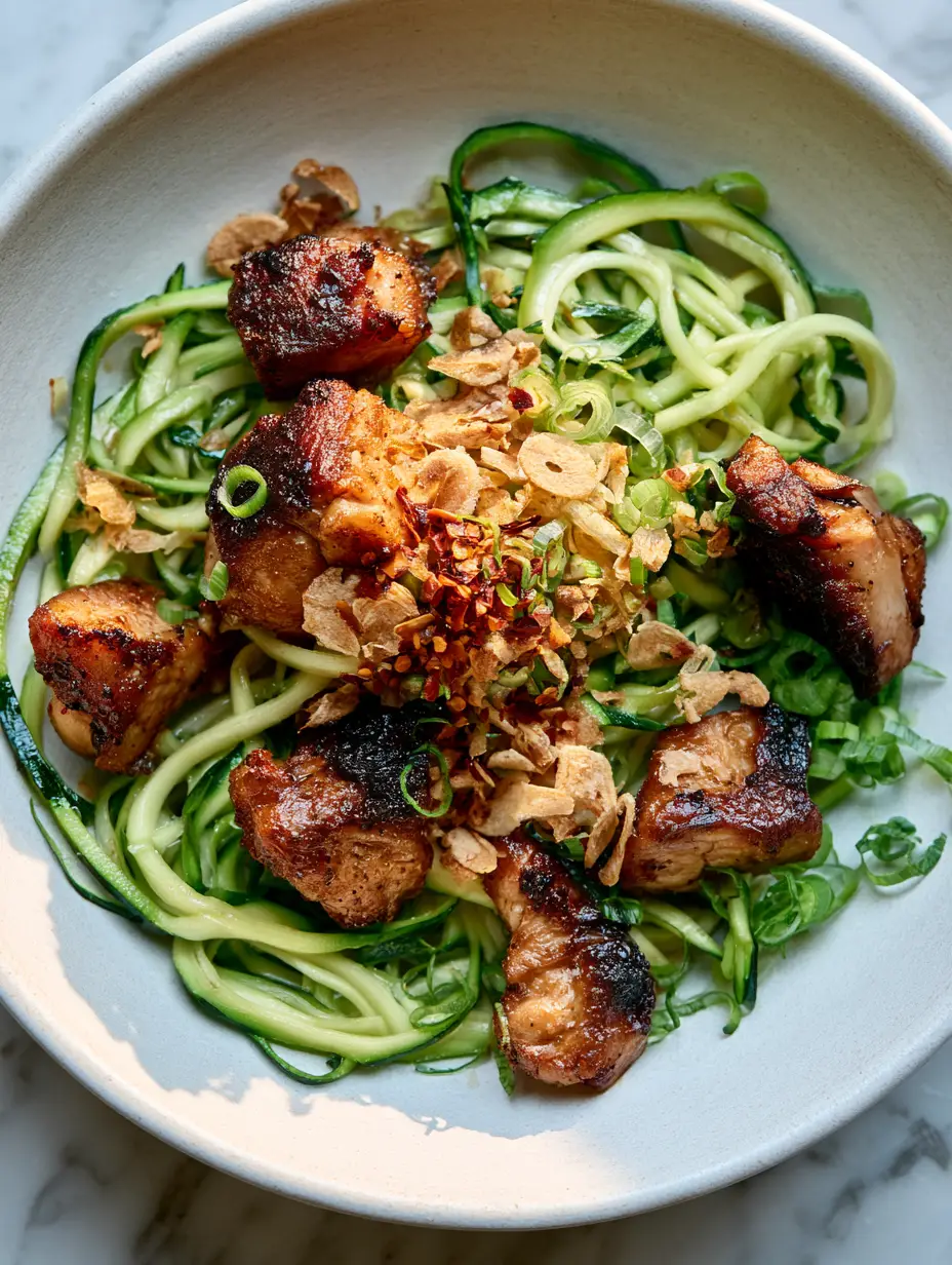 Extreme close-up of chicken zucchini noodles stir fry showing caramelized chicken and vibrant green ribbons.