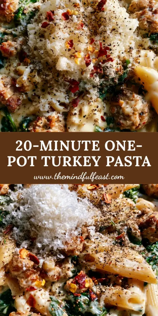 A top-down smartphone photo of one-pot ground turkey spinach pasta in a matte cream bowl topped with cloud-like parmesan and cracked pepper.