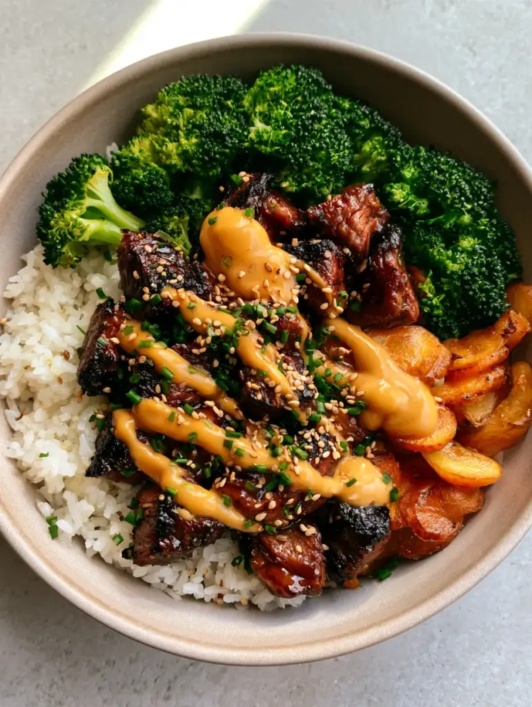 Divided matte stoneware bowl featuring steak, rice, broccoli, and carrots.