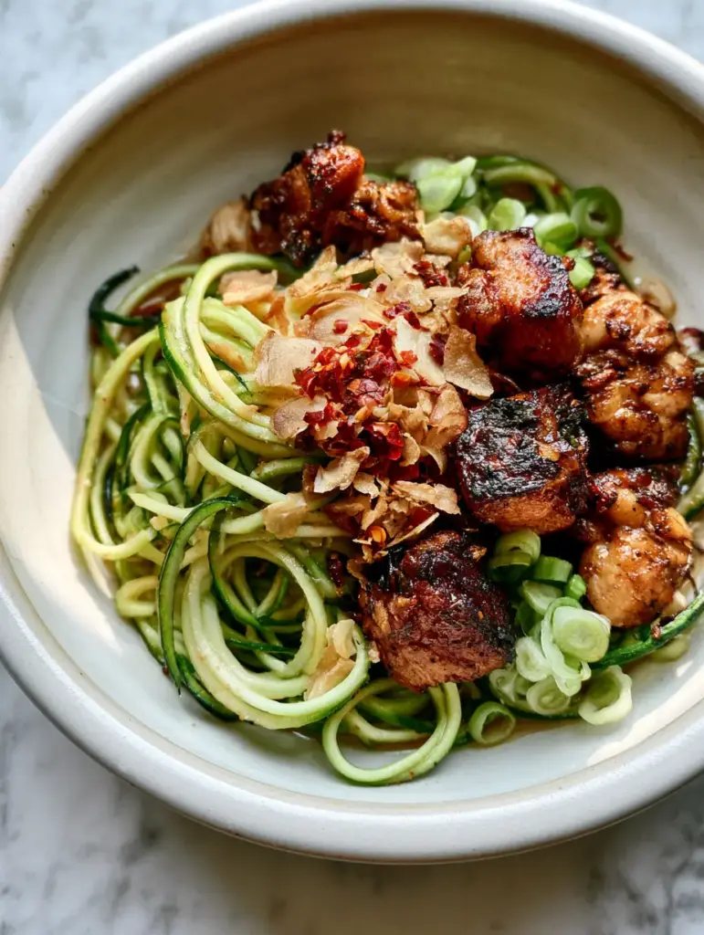 A shallow white bowl filled with garlic chicken zucchini noodles stir fry on a marble surface.