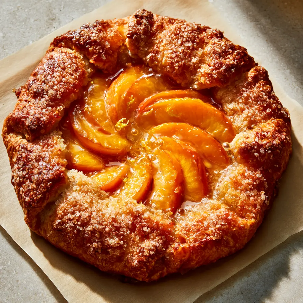 The Ultimate Rustic Peach Galette Recipe for a Golden Summer Dessert 2 Close-up of overlapping orange peach slices with lemon zest flecks and a honey-colored glaze. (peach galette recipe)