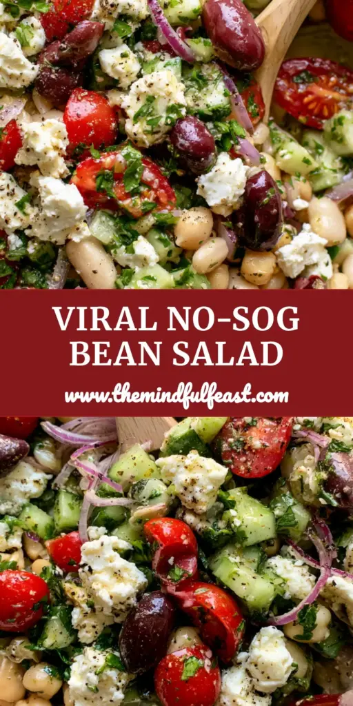 A vibrant Mediterranean bean salad with chickpeas, feta chunks, and kalamata olives in a white bowl. (Mediterranean bean salad)
