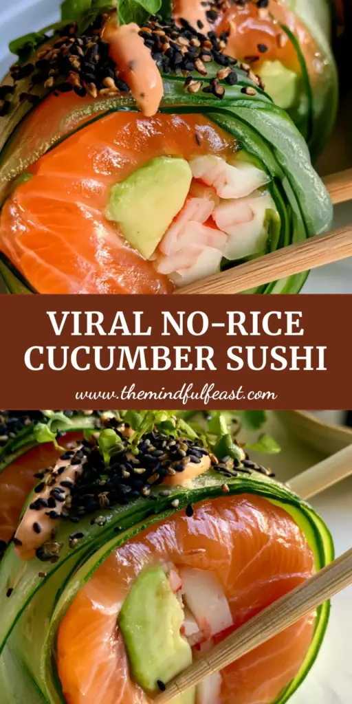 A close-up of a Cucumber wrapped sushi roll being held by chopsticks, showing salmon, avocado, and crab inside a cucumber ribbon.