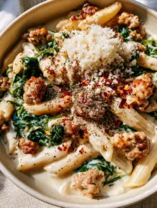 A slightly angled hero shot showing glossy white cream sauce clinging to penne with wilted emerald spinach and golden turkey crumbles. (one-pot ground turkey spinach pasta)