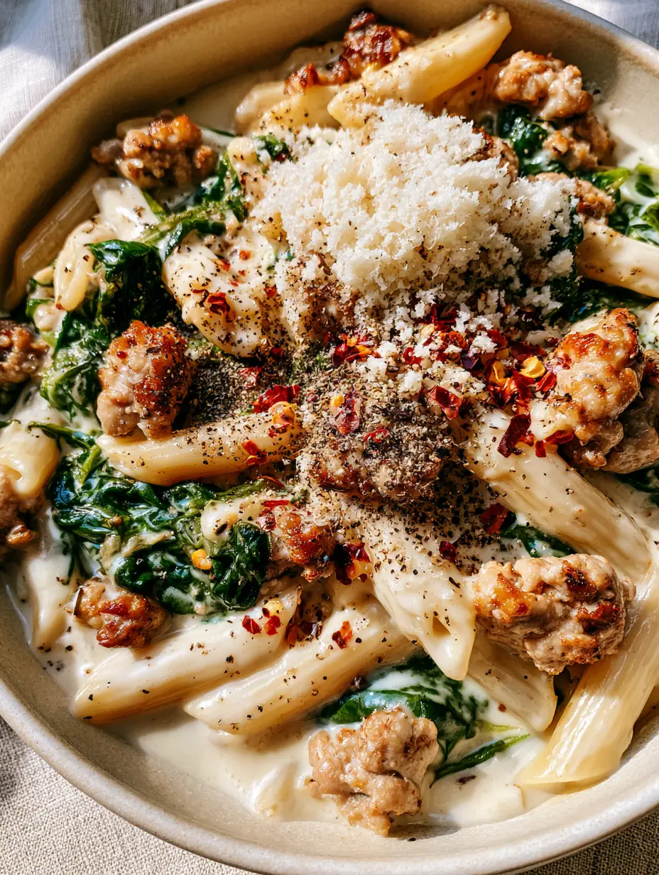 A slightly angled hero shot showing glossy white cream sauce clinging to penne with wilted emerald spinach and golden turkey crumbles. (one-pot ground turkey spinach pasta)