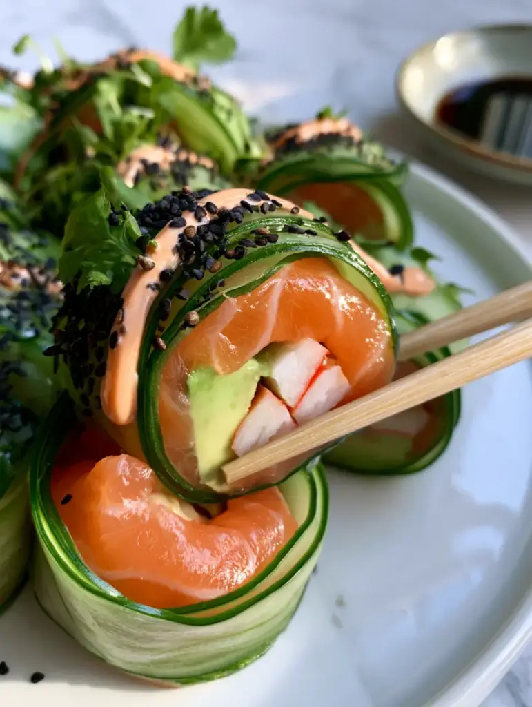 Macro photo of a plate of Naruto sushi rolls with translucent cucumber wraps and glossy salmon. (Cucumber wrapped sushi roll)
