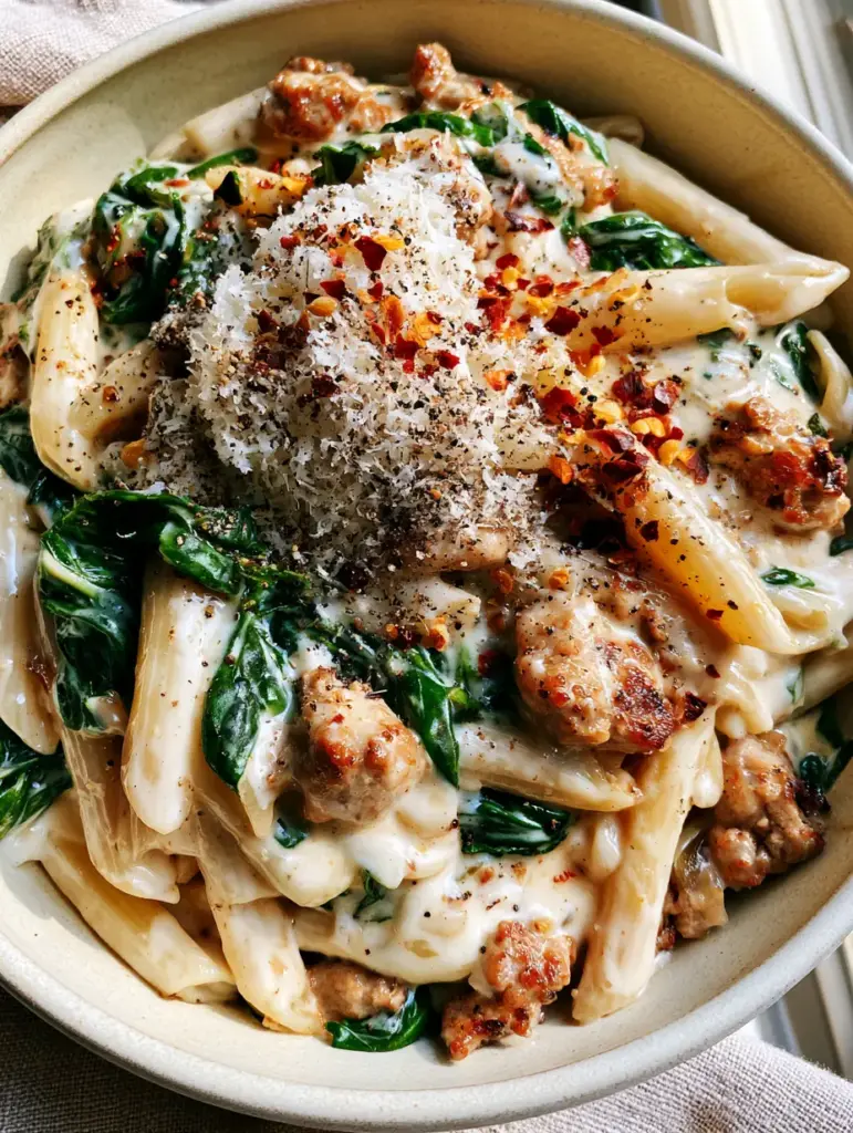 Close up of seared ground turkey crumbles and vibrant spinach in a creamy pasta sauce within a ceramic bowl. (one-pot ground turkey spinach pasta)