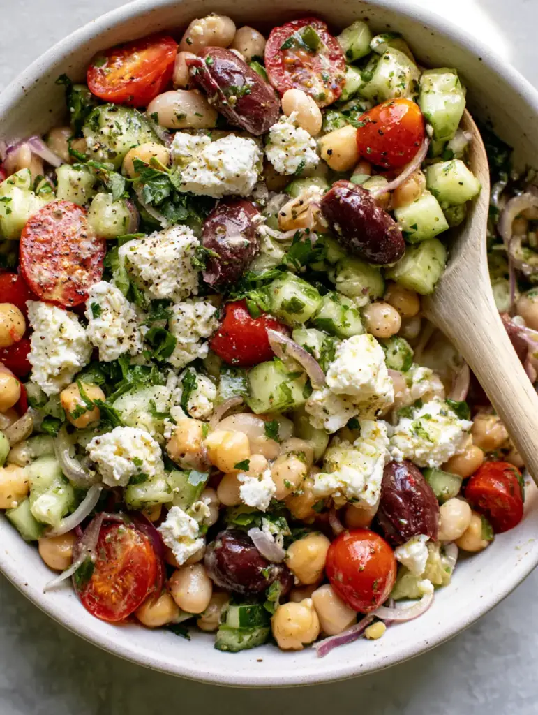 Wooden spoon lifting a scoop of fresh Mediterranean bean salad from a white stoneware bowl.