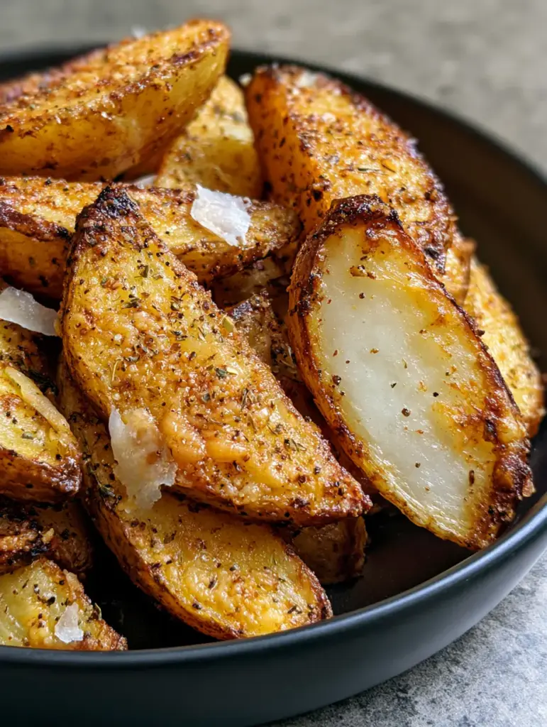 Roasted Potatoes Recipe with Glass-Shattering Parmesan Crust 1 One roasted potato wedge snapped in half showing a snow-white fluffy interior and dark crunchy exterior.