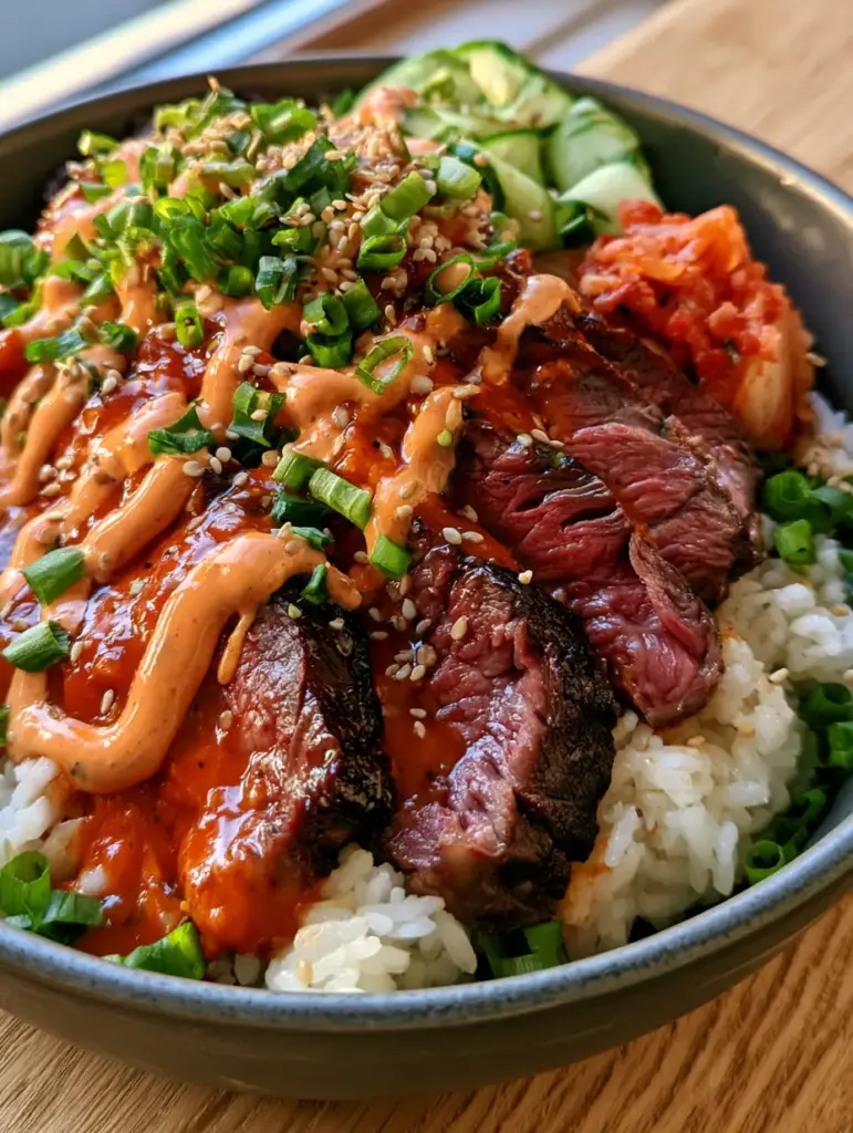 Close-up of Korean Bbq Steak Bowls with glossy ribeye slices and zig-zag sriracha mayo drizzle.