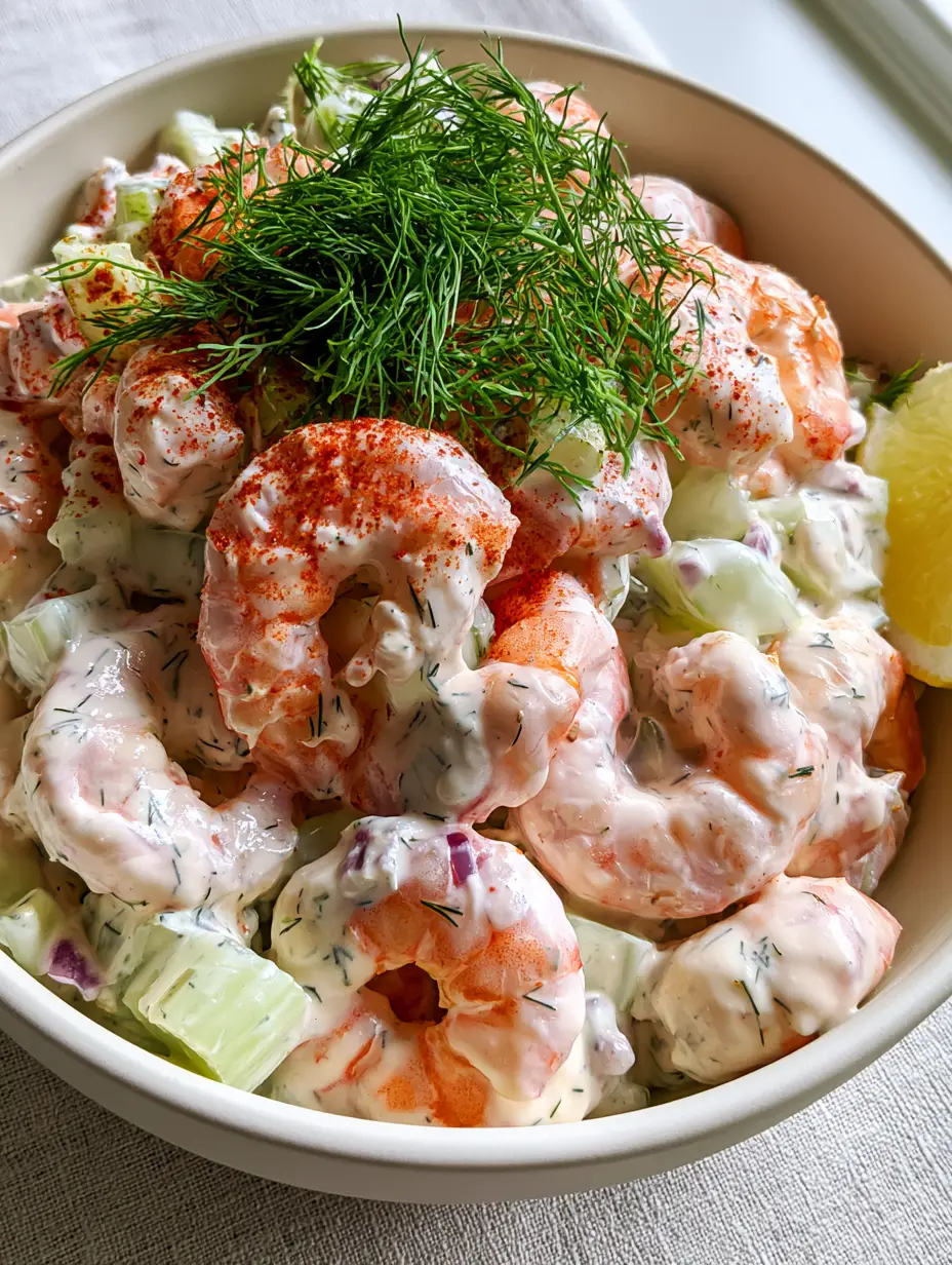 Shrimp Salad Recipes: The Ultimate Creamy Jumbo Poached Shrimp Salad 4 Top-down view of succulent jumbo shrimp coated in a thick dill and yogurt dressing in a white ceramic bowl. (shrimp salad recipes)