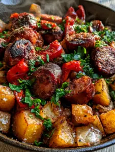 Close-up of seared kielbasa rounds and jagged crispy potatoes in a Smoked sausage and potatoes skillet.