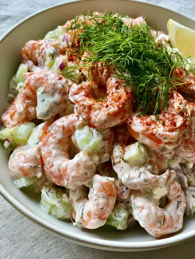 Shrimp Salad Recipes: The Ultimate Creamy Jumbo Poached Shrimp Salad 1 Handheld photo of shrimp salad featuring pearly pink shrimp, green celery, and purple onion bits. (shrimp salad recipes)