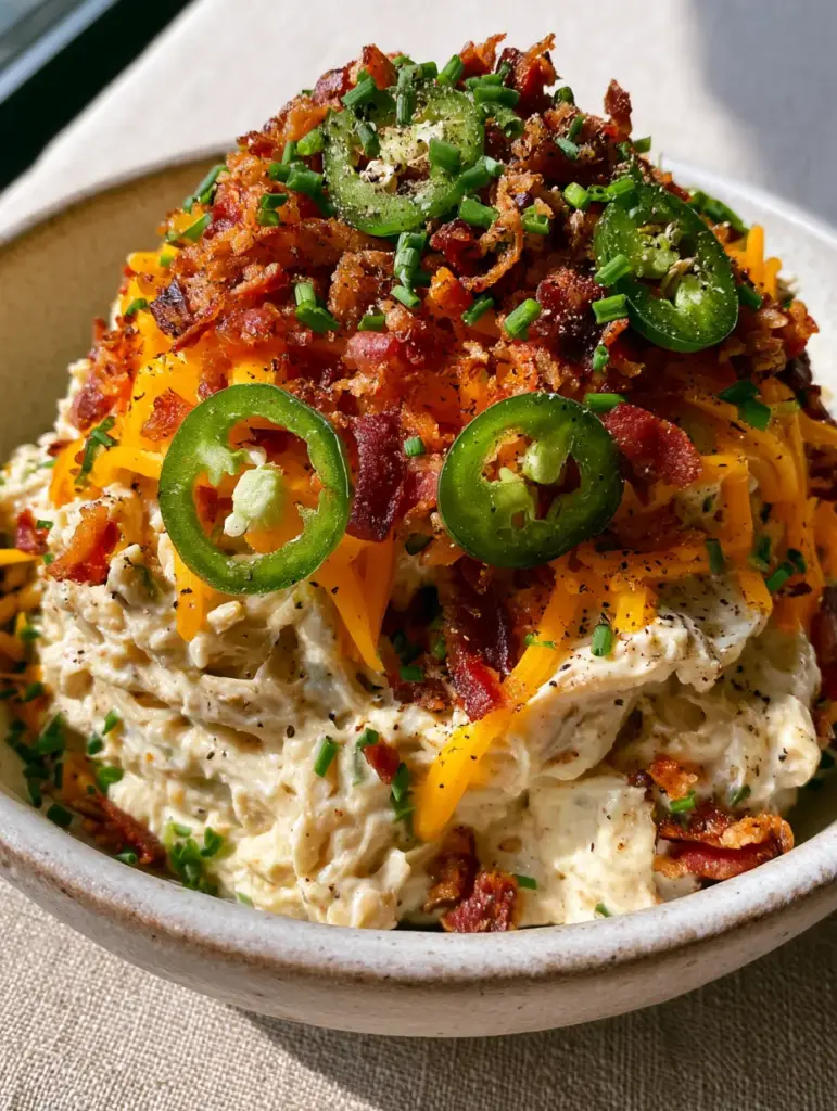 Jalapeño Chicken Salad: The Ultimate Creamy Popper-Inspired Recipe 1 Rustic matte white bowl filled with Jalapeño Chicken Salad garnished with emerald chives and cracked black pepper.