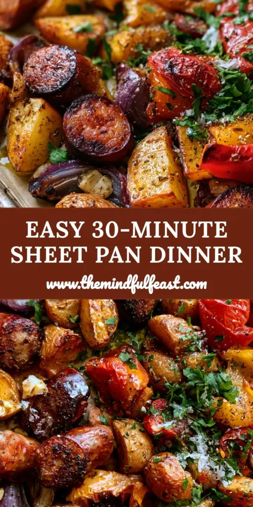 A top-down shot of a rustic metal sheet pan with parchment paper featuring oven roasted sausage and potatoes, blistered peppers, and fresh parsley.