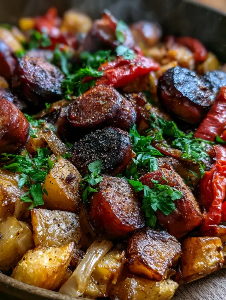 Smoked sausage and potatoes skillet: The Ultimate One-Pan Comfort Meal 1 Extreme close-up of blistered red peppers and herbs in a Smoked sausage and potatoes skillet.