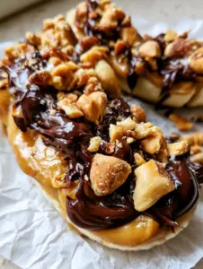Macro photo showing the thick peanut butter and glossy chocolate on a Banana snickers snack.